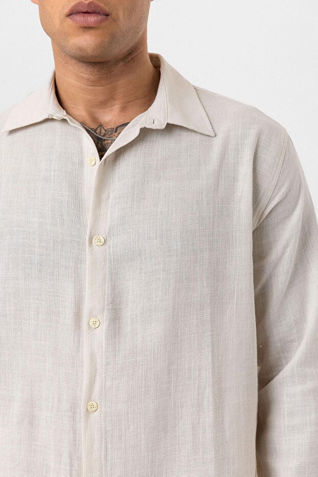 Beige Oversize Shirt Long Sleeve Basic - 6