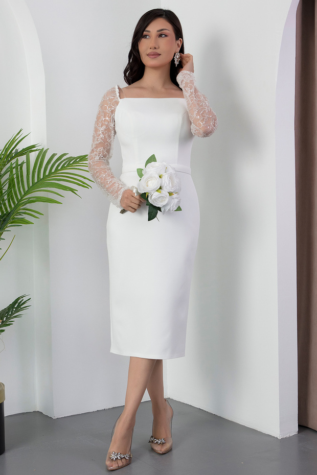 Kalp Yaka Kollar Tül Boncuklu Atlas Elbise BAL127 - 3