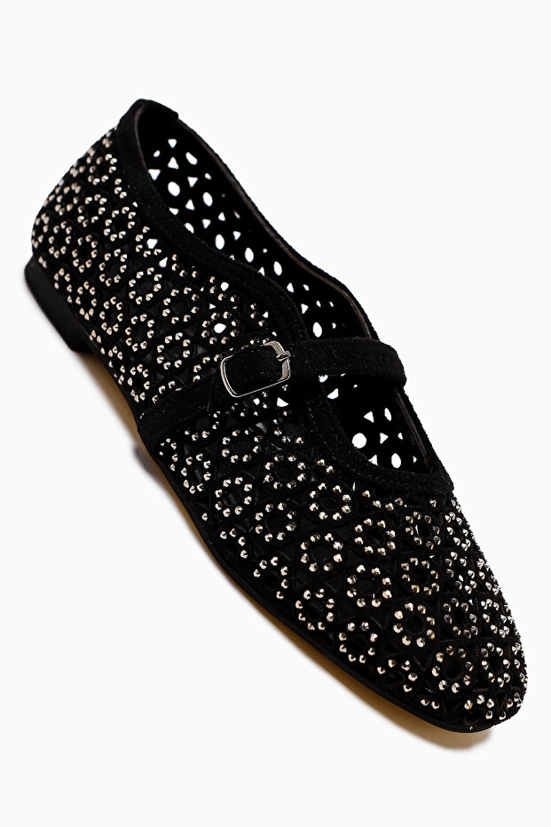 Nicki Black Suede Oval Toe Perforated Stone Detailed Single Strap Casual Women's Shoes