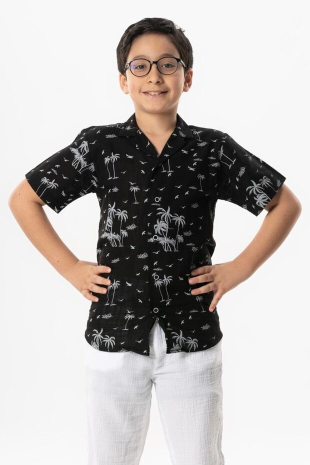 Short Sleeve Sile Cloth Printed Children's Summer Shirt Black Syh