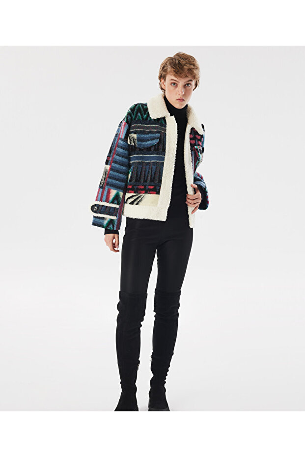 Shearling Patterned Coat - Garnished Design - 6