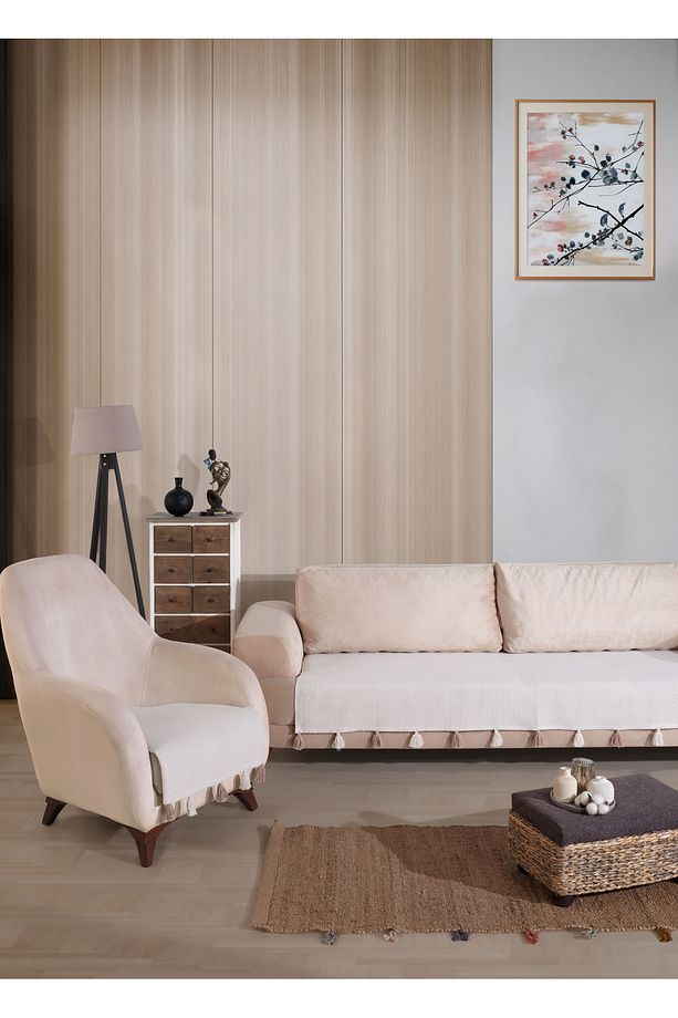 Liva Ponponlu Ekru Berjer 1 Adet Tekli Koltuk Örtüsü 115x90 Cm Berjer Şalı Püsküllü - 3