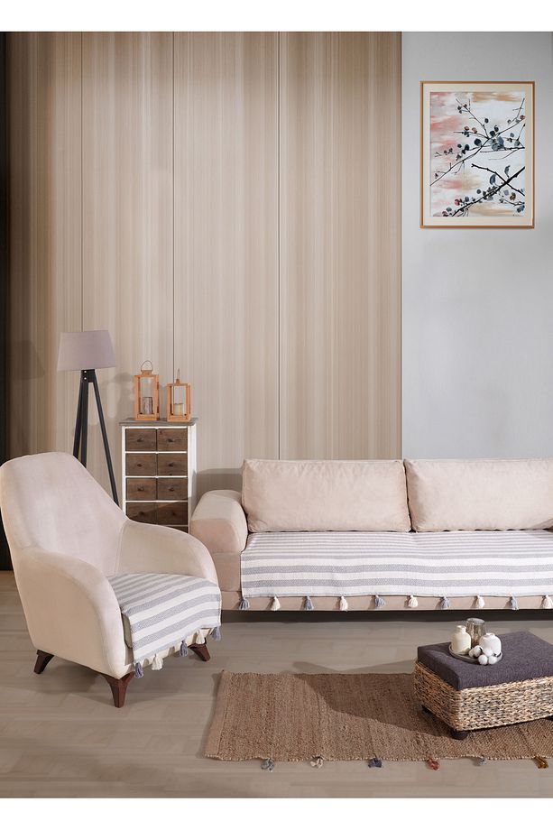 Liva Ponponlu Gri Berjer 1 Adet Tekli Koltuk Örtüsü 115x90 Cm Berjer Şalı Püsküllü - 3