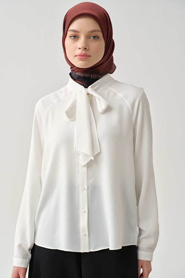 Fular Yaka Gömlek - Ekru - 2