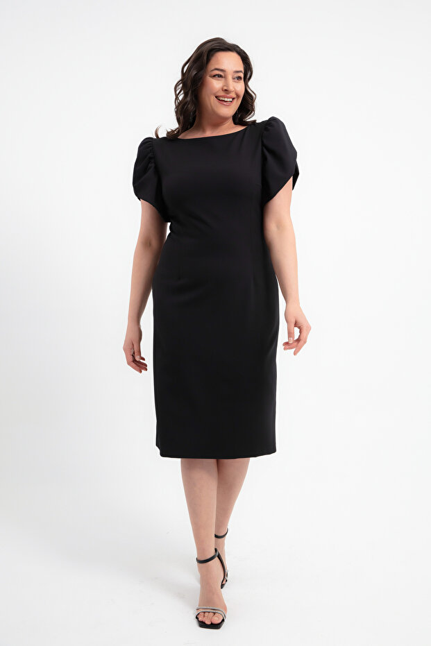 Women's Black Balloon Sleeve Plus Size Midi Dress