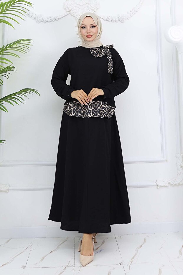 Ribbon Detailed Leopard Patterned Suit Black 4804