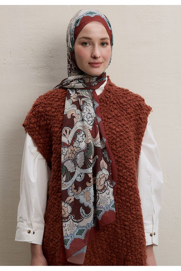 POPPIES DESEN İPEK KREP ŞAL KİREMİT - 1