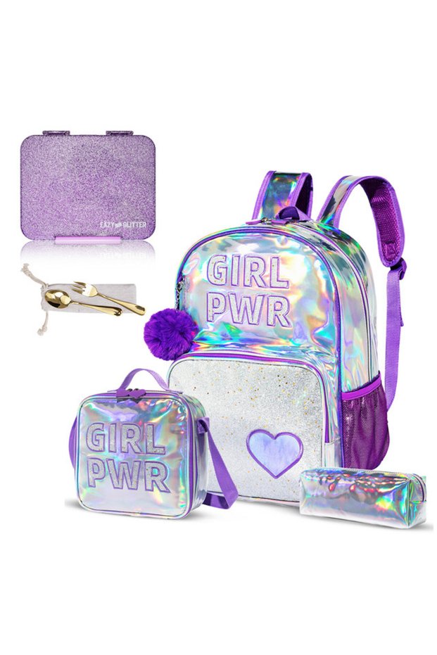 - 18" School Bag, Glitter Bento Box, Lunch Bag, Pencil Case, Set of 4 - Girl Power Purple