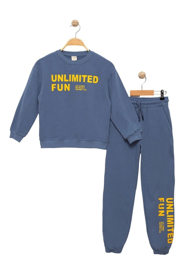 Boy's Elastic Leg Crew Neck Blue Tracksuit Set - Sports Children's Clothing