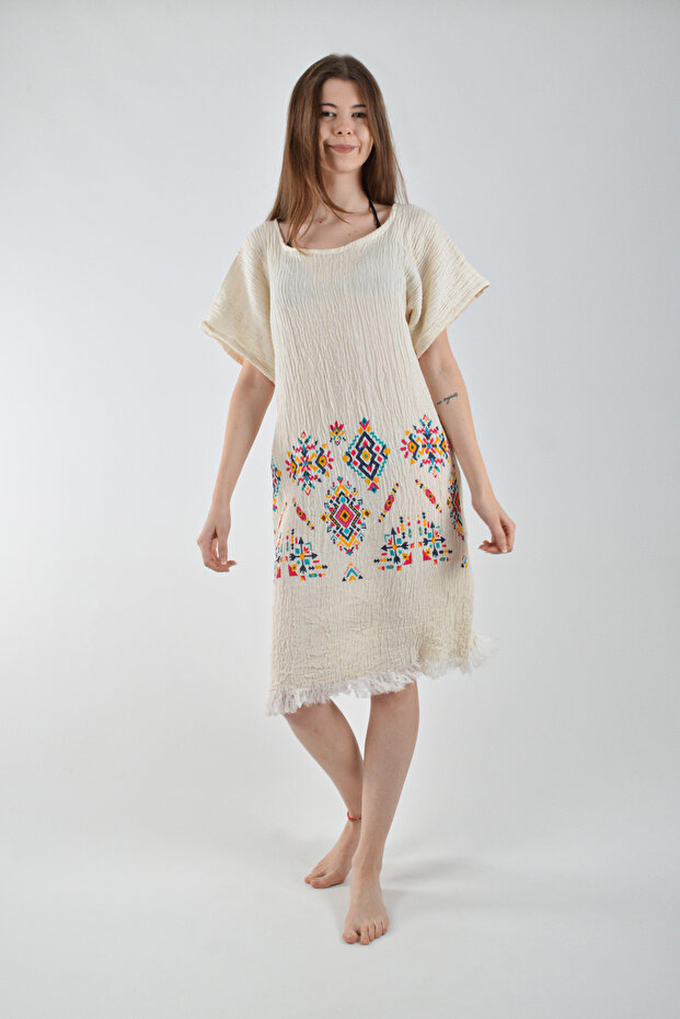 Muslin Beach Dress Kilim Pattern Round Neck 1 Piece