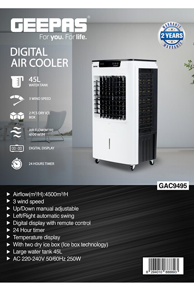 Digital Air Cooler 45L with Ice Box Technology| 3 Wind Speed| Digital Display with Remote Control - 3
