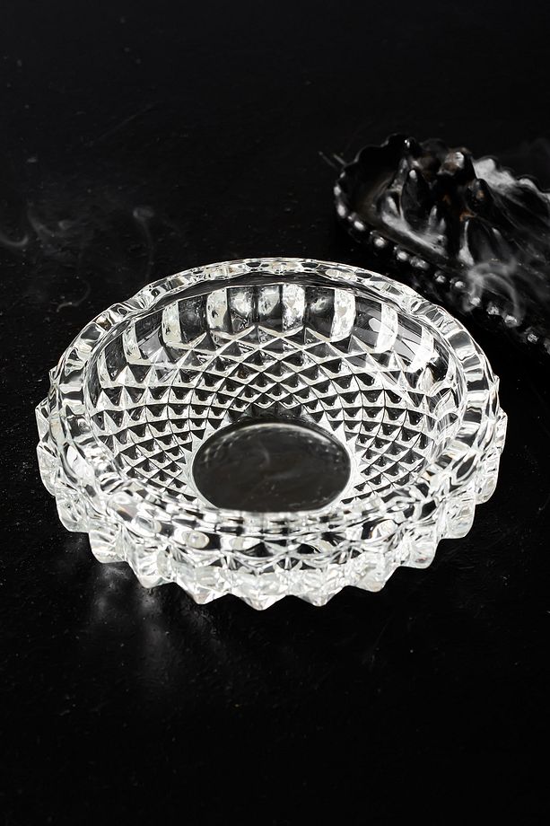 KLK-04 Kristal Cam Yuvarlak Küllük - Şeffaf Lüks Kül Tablası 13 cm - 1