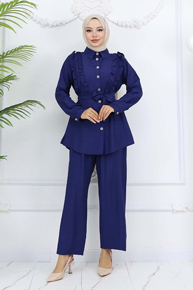 Ruffle Detailed Belted Double Suit Navy Blue 4781