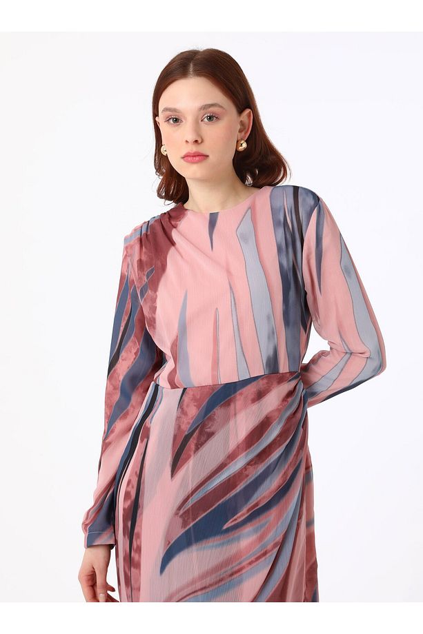 Drape Detaylı Pembe Zebra Desenli Tesettür Elbise- Refka - 3