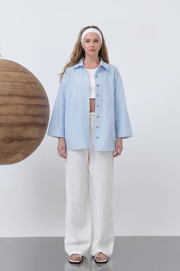 Kadın Kol Detaylı Basic Gömlek - 20655GML - BLUE-ECRU - 4