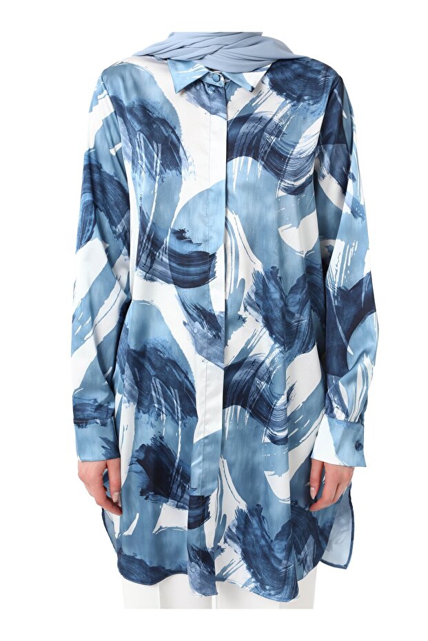 Satin Fabric Abstract Patterned Blue Tunic - Refka - 5