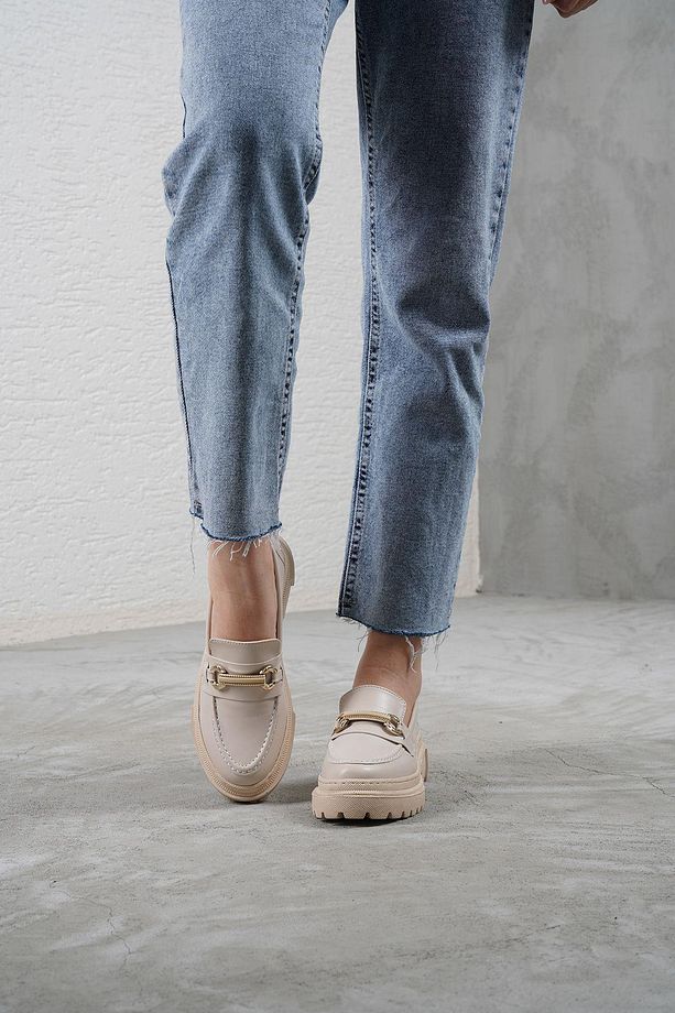 Kadın Bej Deri Bantlı Gc Kalın Taban Loafer Makosen Ayakkabı 4,5cm Byndlfrk02 - 4
