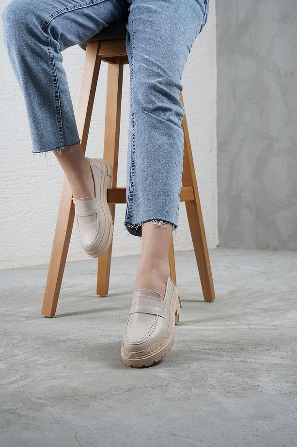 Kadın Bej Deri Düz Kalın Taban Loafer Makosen Ayakkabı 4,5cm Byndlfrk03 - 2