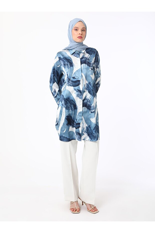 Satin Fabric Abstract Patterned Blue Tunic - Refka - 4