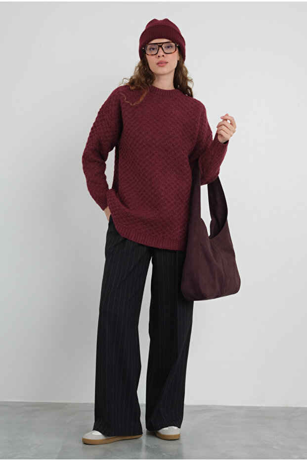 Örümcek Örgülü Kazak Bordo - 7