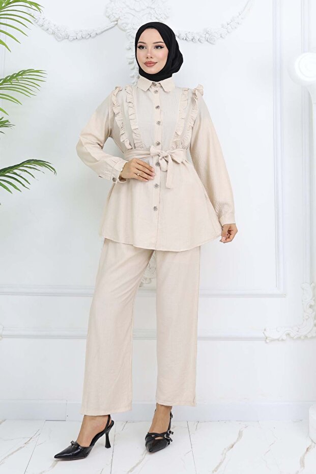 Ruffle Detailed Belted Double Suit Stone Color 4781