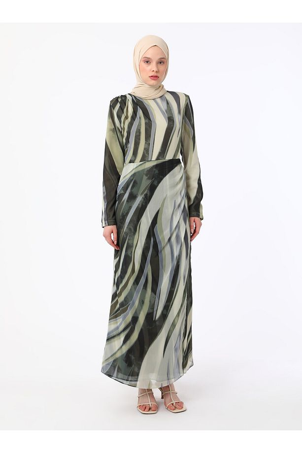 Drape Detaylı Haki Zebra Desenli Tesettür Elbise - Refka - 2