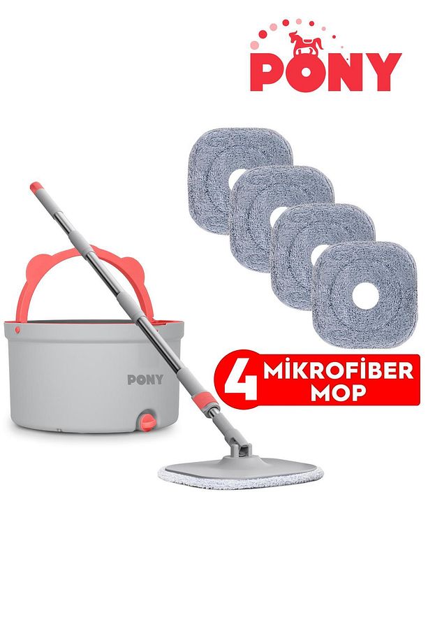 GRİ 4 ADET MİKROFİBER MOP TEMİZ & KİRLİ SUYU  AYIRMA ÖZELLİĞİ OTOMATİK TEMİZLİK SETİ PASPAS - 1