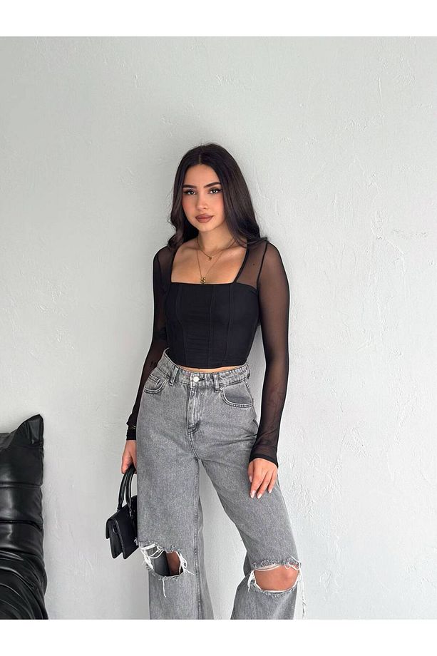 Kare Yaka Tül Transparan Crop Bluz - 1