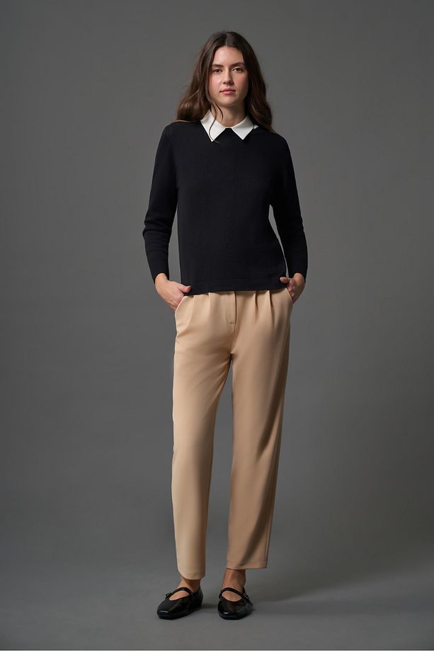 Basic Örme Krep Bej Pantolon - 1