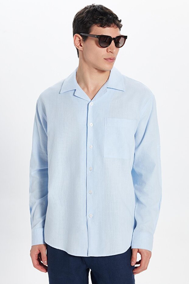 Men's Relax Fit Comfortable Cut Oversized 100% Cotton Linen Texture Apaş Collar Blue Shirt