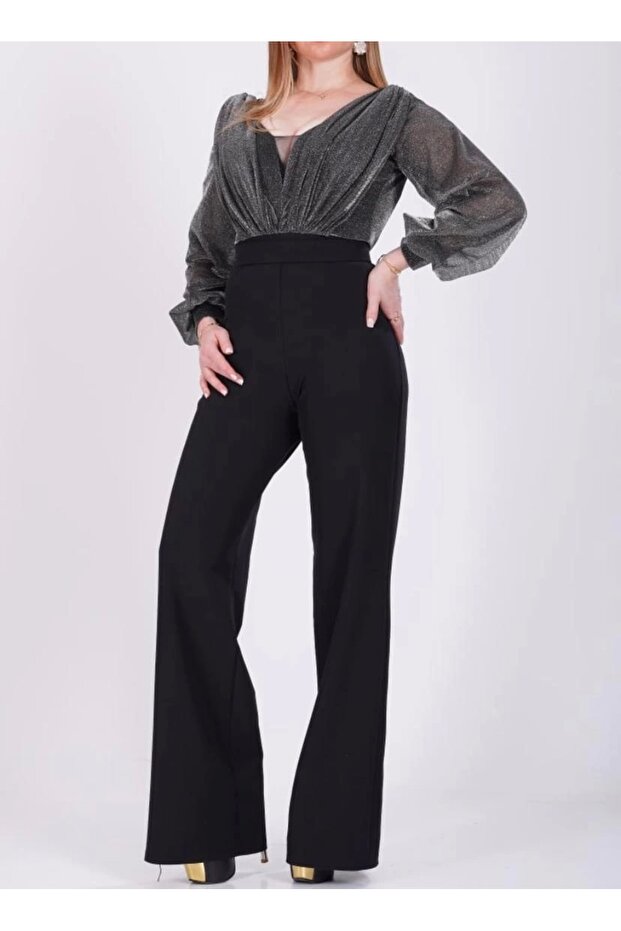 Göğüs drape simli abiye tulum siyah - 1