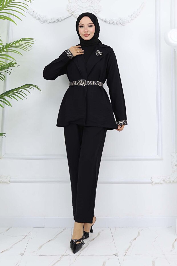 Leopard Patterned Belted Jacket Trousers Set Black 4718