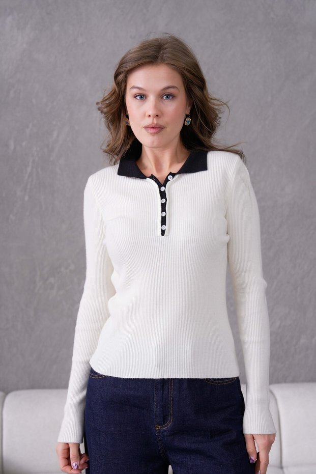 Women's Polo Neck Buttoned Ribbed Premium Quality Knitwear Sweater