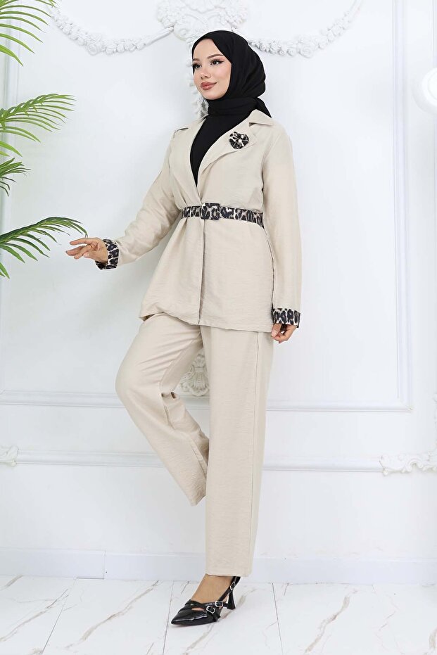 طقم جاكيت وبنطلون بحزام بنقشة الفهد لون حجري 4718 - 4