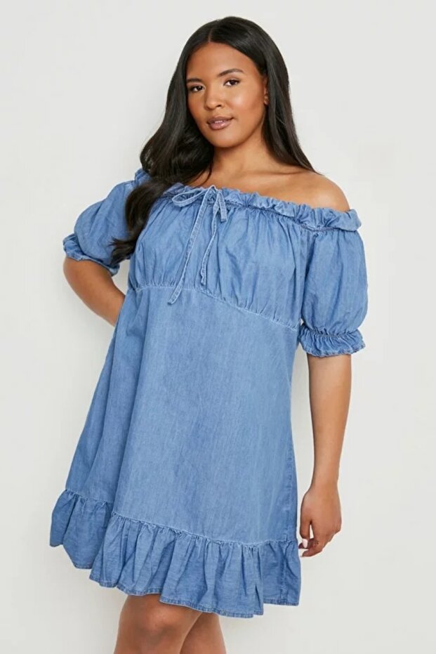 Women's Plus Size Blue, Washed Denim Fabric, Hemline Ruffles, Off-The-Shoulder Dress 65N38797
