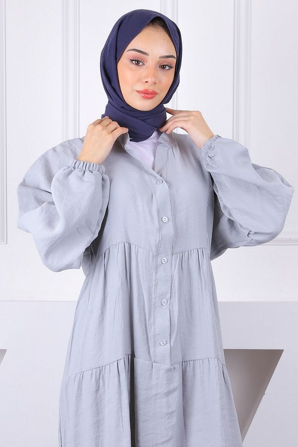Gri Yarım Düğmeli Modal Elbise - 5