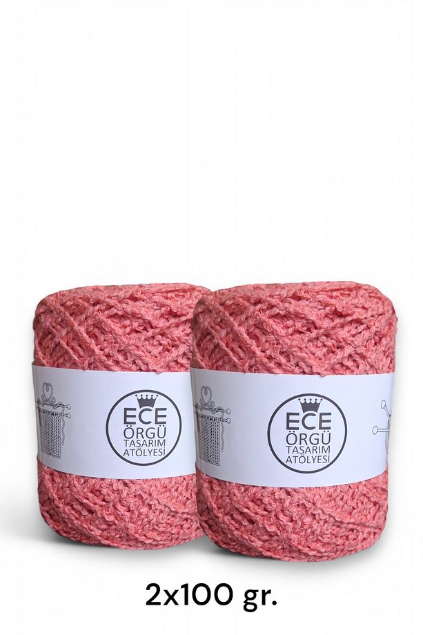 Mercan rengi koton buklet el örgü ipi (200 gr.) - 1