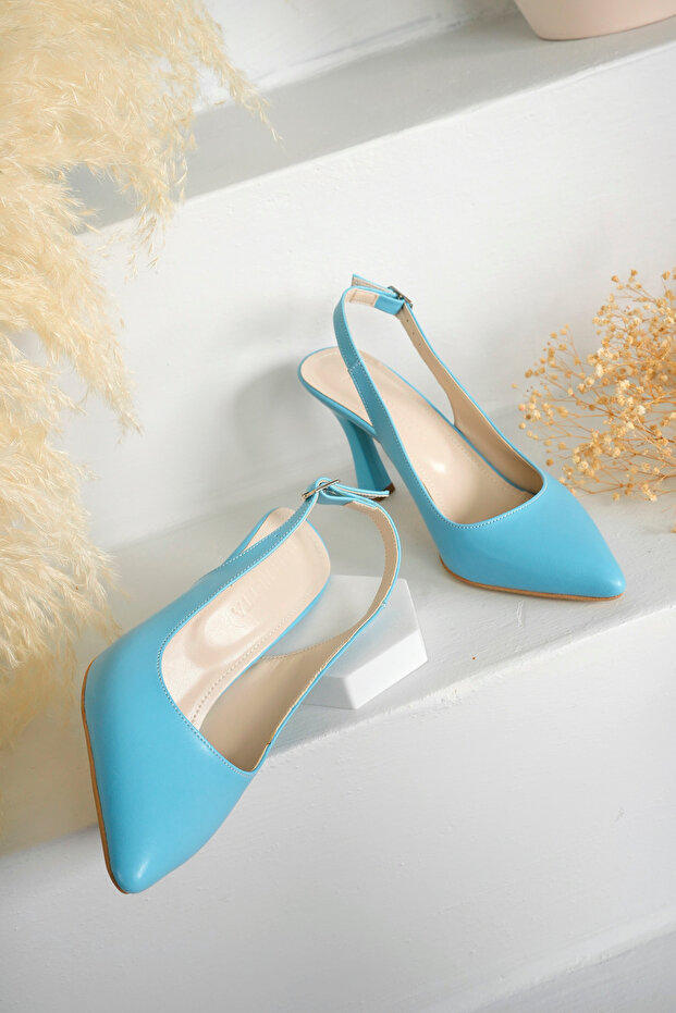 Laura Model Women's Blue Pointed Toe Open Back Stiletto Heeled Shoes