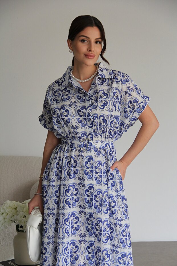 Blue and White Tile Patterned Shirt Dress with Button and Belt