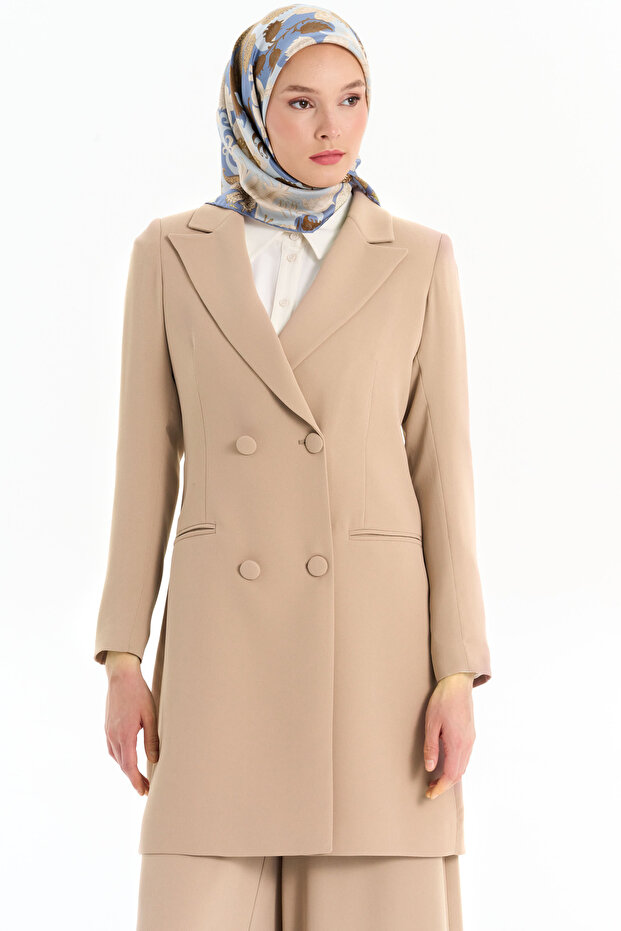 Kruvaze Düğmeli Uzun Basic Ceket - Bej - 2