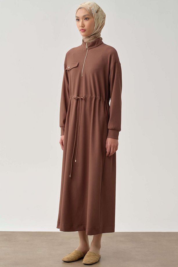 Bel Bağcıklı Örme Elbise - Kahve - 5