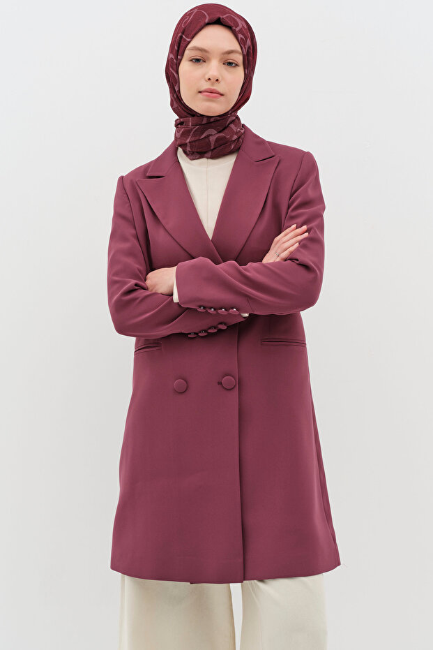 Kruvaze Düğmeli Uzun Basic Ceket - Mürdüm - 1