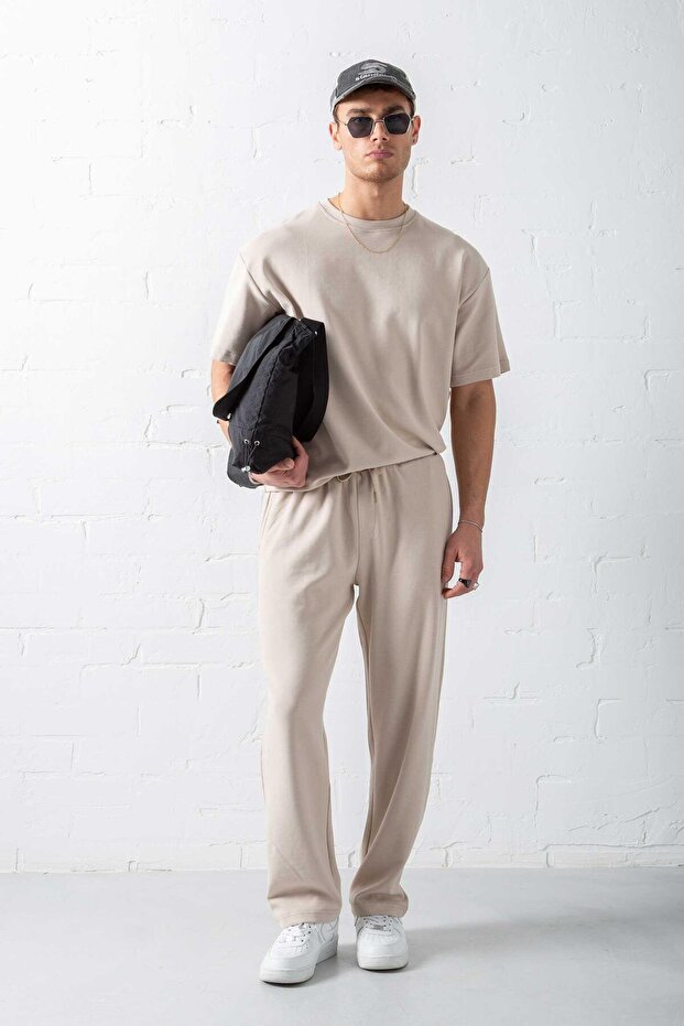 Erkek Oversize Basic Rahat T-Shirt Bej - 3