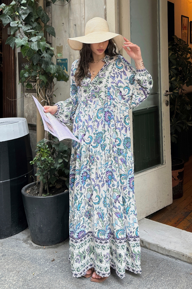 100% Viscose Bohemian Alaçatı Dress V-Neck Ethnic Patterned Viscose Dress Suitable for Modest Wear