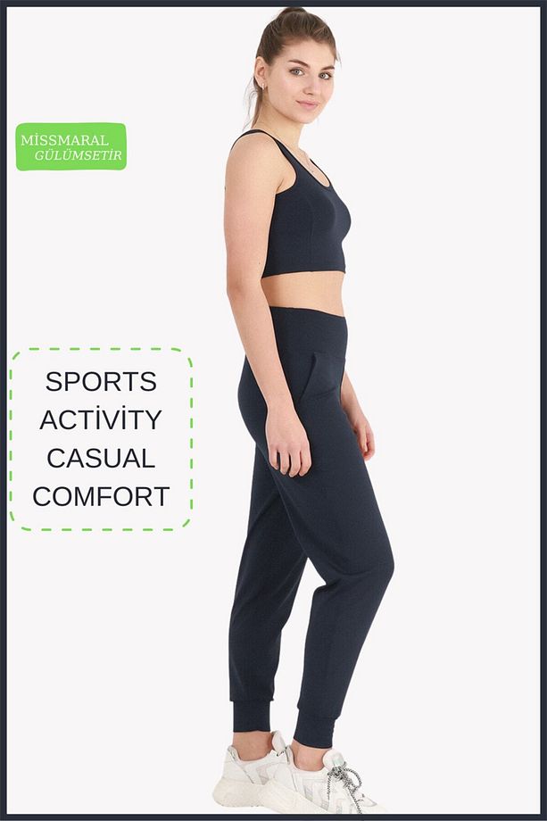 Kadın Yüksek Bel Eşofman Alt Curve Jogger Dalgıç Kumaş Çift Cepli Joggers Lacivert 1061 - 5