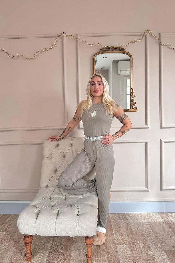 Haki Avocado Verde Desenli Örme Sıfır Kol Kadın Pijama Takımı - 5