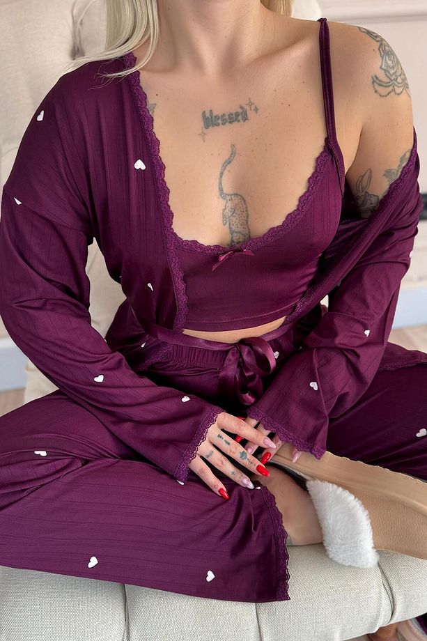 Mürdüm Amour Desenli Sabahlıklı Marlenka Pijama Takımı - 5