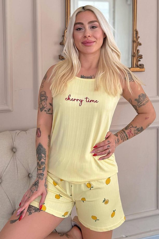 Sarı Time Desenli Şortlu Marlenka Kadın Pijama Takımı - 1