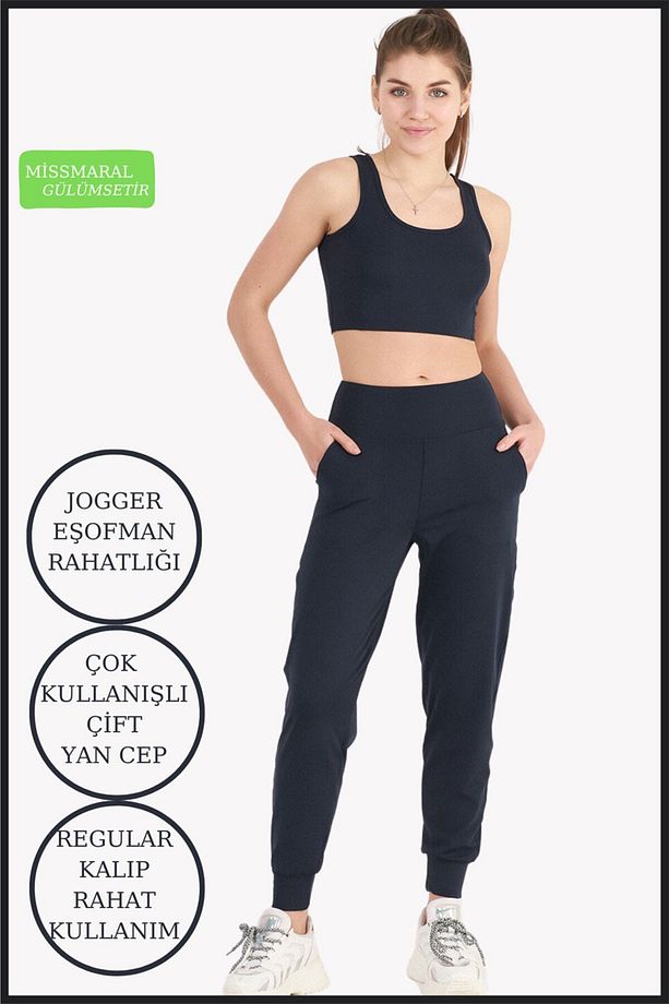 Kadın Yüksek Bel Eşofman Alt Curve Jogger Dalgıç Kumaş Çift Cepli Joggers Lacivert 1061 - 1
