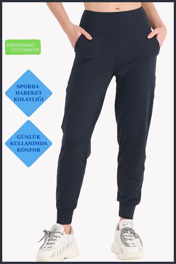 Kadın Yüksek Bel Eşofman Alt Curve Jogger Dalgıç Kumaş Çift Cepli Joggers Lacivert 1061 - 2